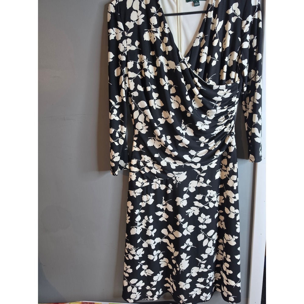 Lauren Ralph Lauren Black White Floral Faux Wrap Ruched Sheath Dress 6